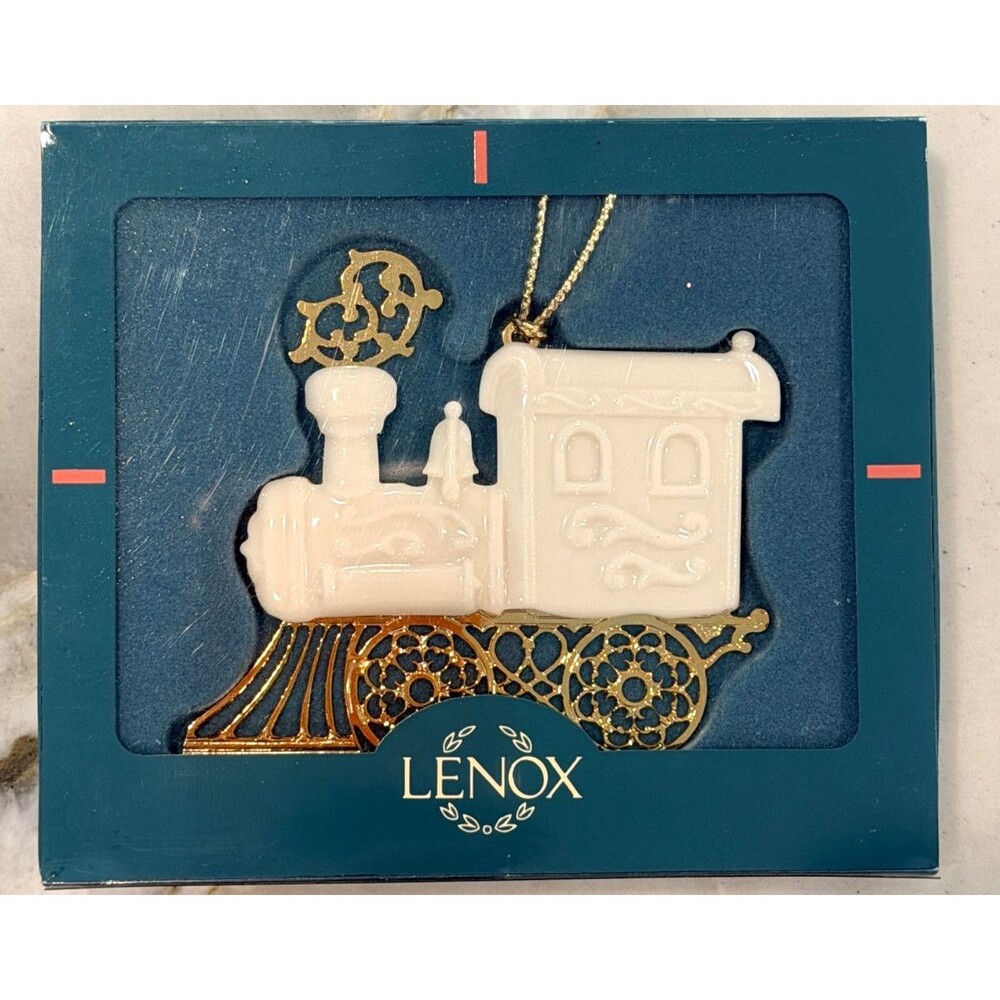 2 Vintage Lenox Christmas Ornaments Holiday Wishes Noel & Gold Train